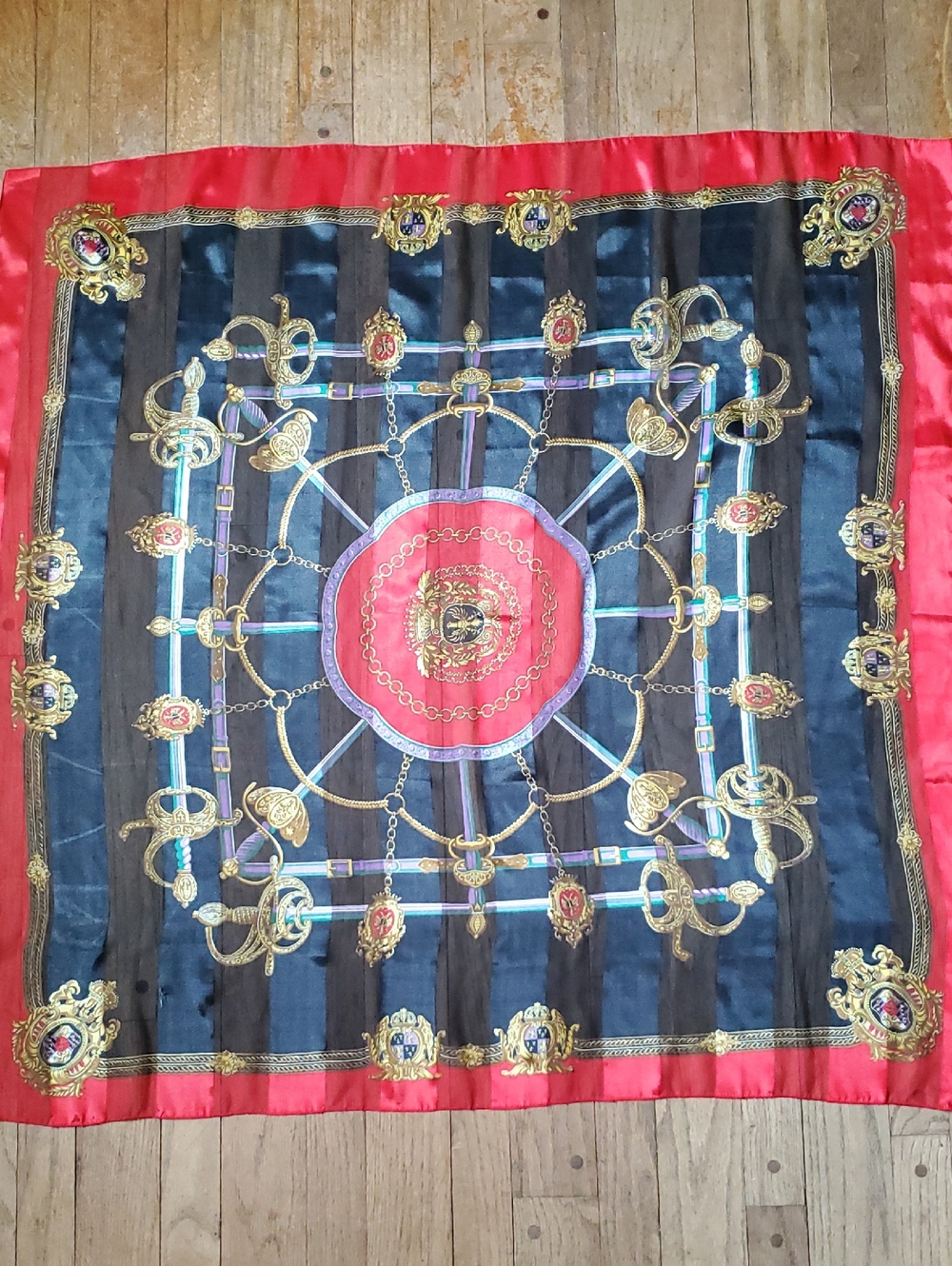 Vintage Satin Scarf EQUESTRIAN HORSE Baroque Belt Scrolls LARGE 38" SQUARE